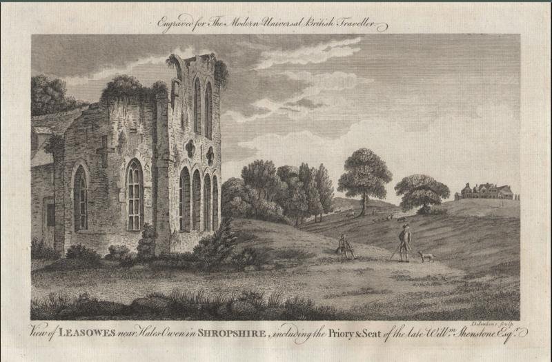 View of Leasowes near HalesOwen in Shropshire, including the Priory & Seat of the late Willm Shenstone Esq. Burlington, The Modern Universal British Traveller, 1779
